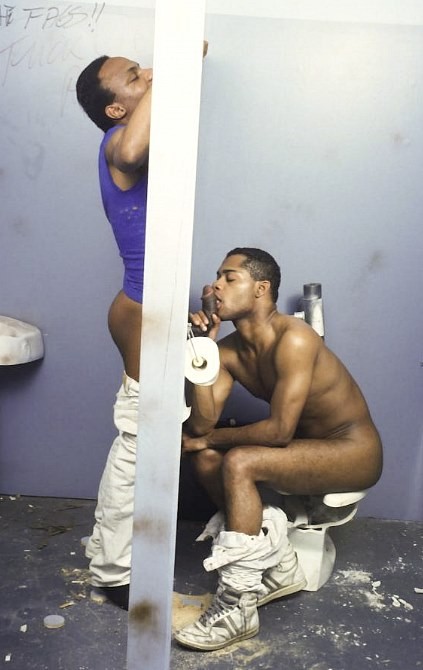 Black twinks enjoy glory hole sucking and fucking in a toilet #76946161