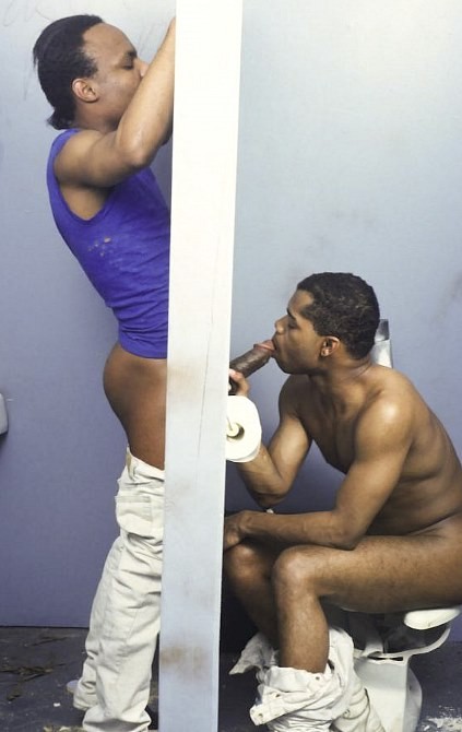 Black twinks enjoy glory hole sucking and fucking in a toilet #76946167