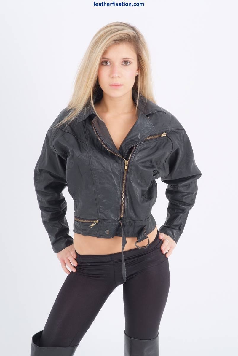 Lovely blonde Sam is wearing a sexy leather bikers chick jacket  #72464292
