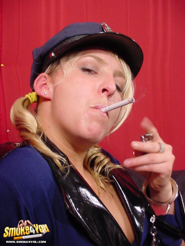 Policewoman Alisha teases her smoke and strokes her pussy #76573720