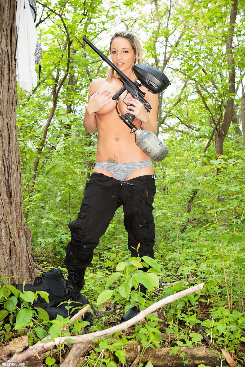 Busty Nikki Sims playing paintball in just her panties #72538866