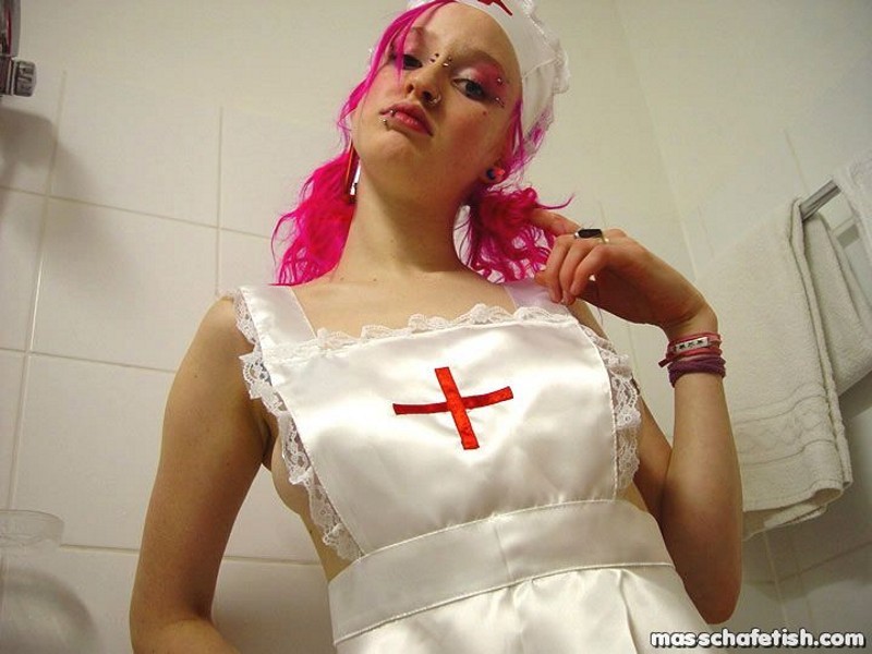 Pink haired goth chick Masscha trying out her sexy nurse outfit #70524663