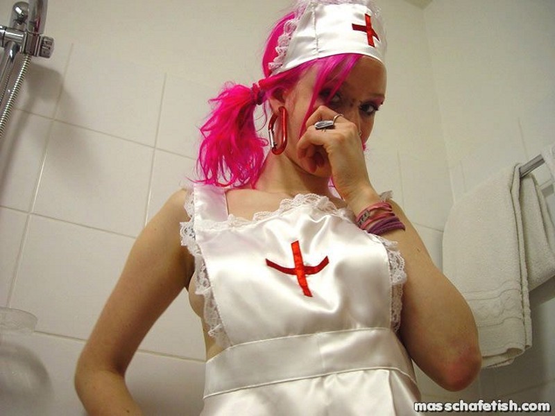 Pink haired goth chick Masscha trying out her sexy nurse outfit #70524675