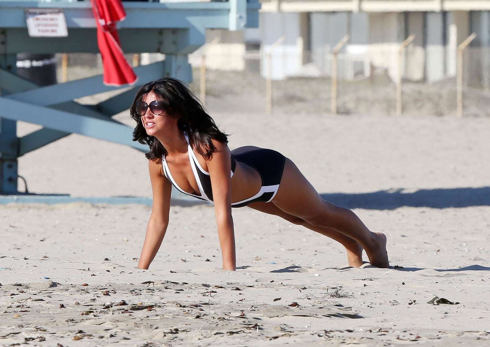 Lucy Mecklenburgh in sexy monokini working out on Santa Monica Beach #75216761