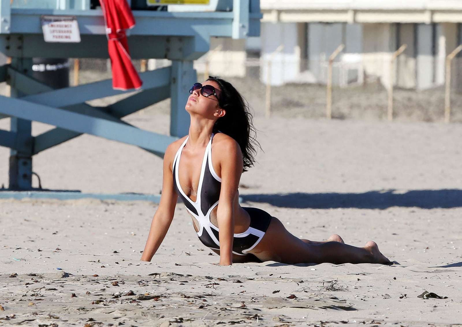 Lucy Mecklenburgh in sexy monokini working out on Santa Monica Beach #75216777