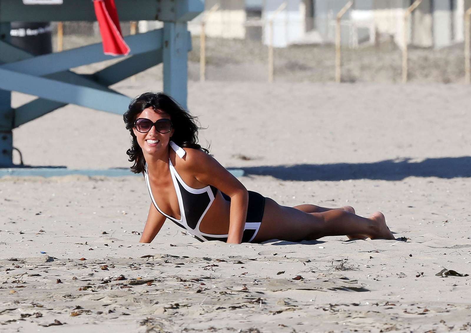 Lucy Mecklenburgh in sexy monokini working out on Santa Monica Beach #75216780