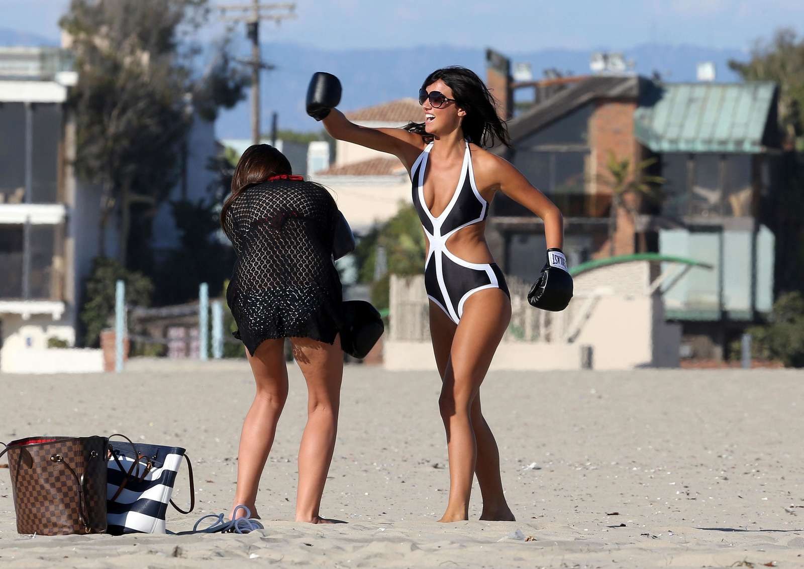 Lucy Mecklenburgh in sexy monokini working out on Santa Monica Beach #75216796