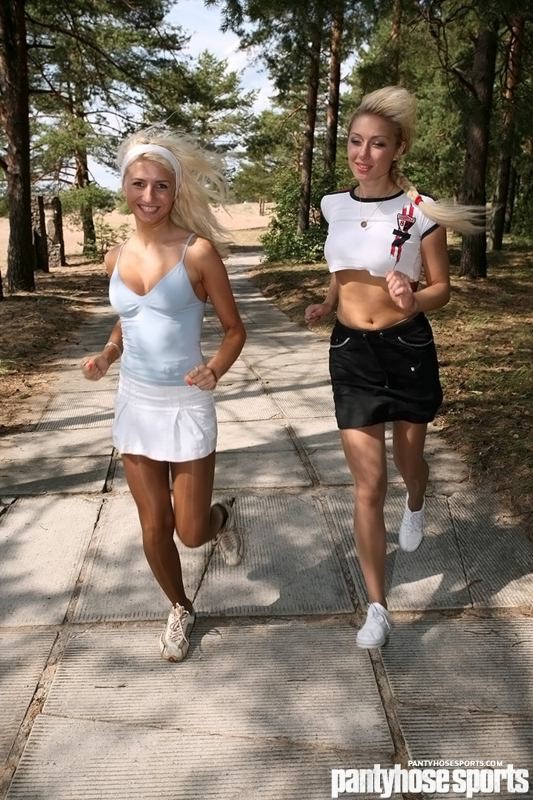 Two Blonde Girls In Pantyhose Doing Aerobics Outdoors
