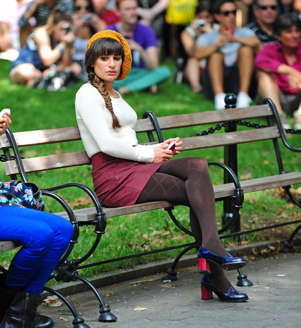 Lea Michele upskirt wearing various mini skirts on the set of Glee in New York C #75255008