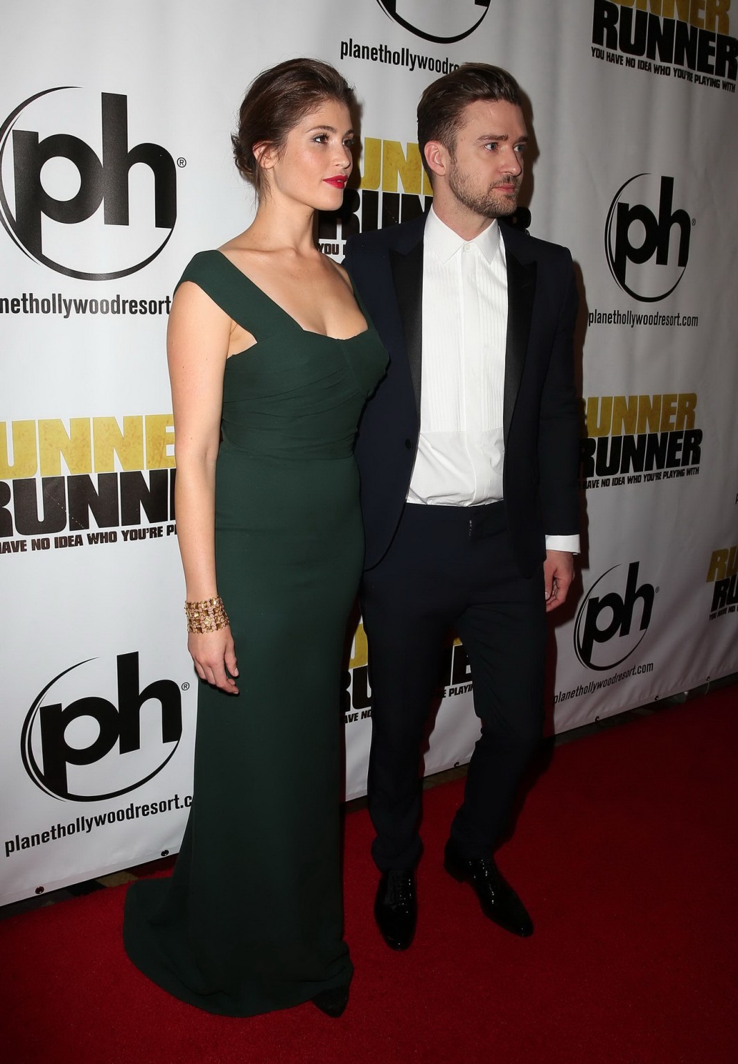 Gemma Arterton showing big cleavage in a green bareback maxi dress at the Runner #75219147