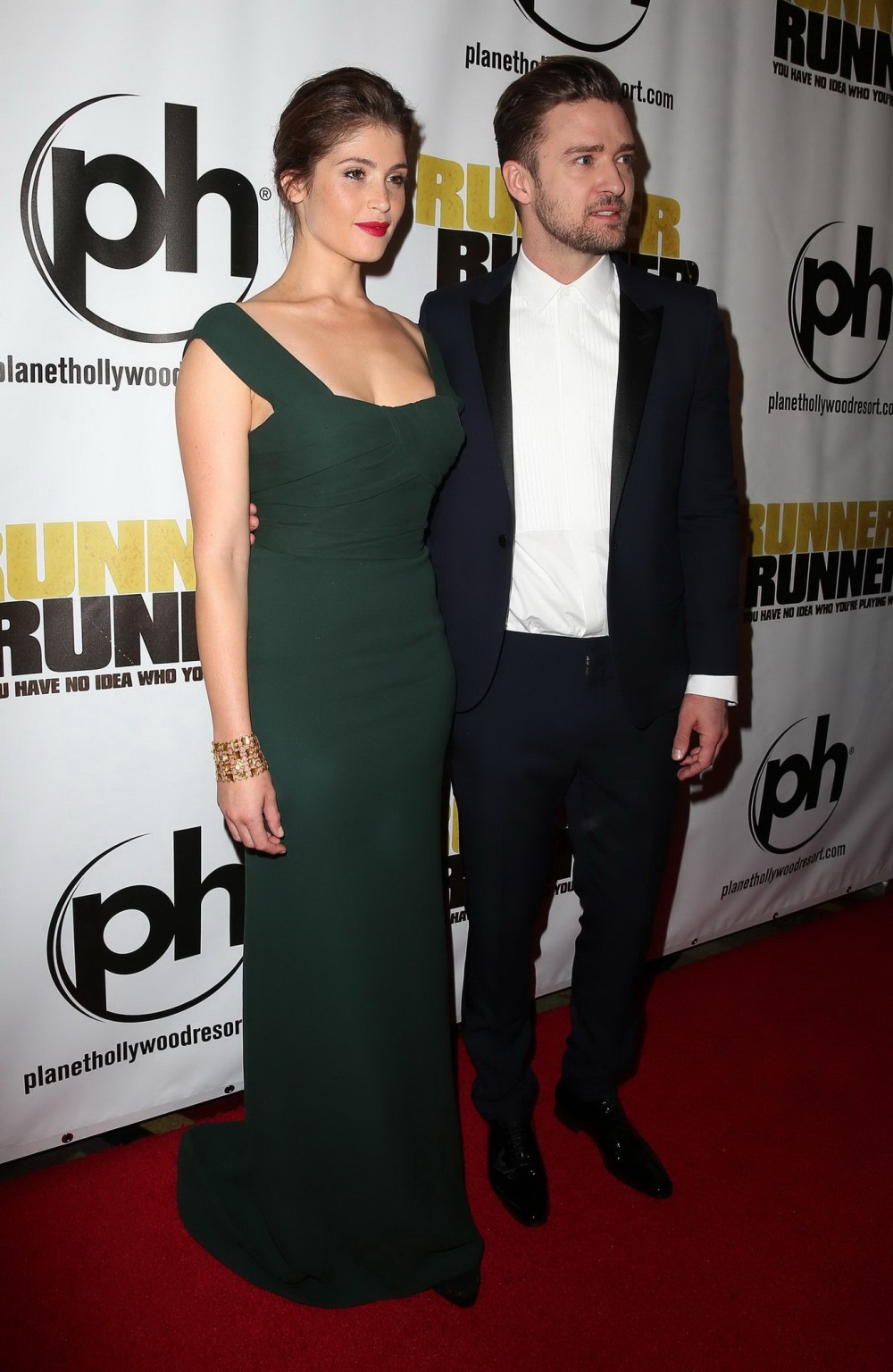 Gemma Arterton showing big cleavage in a green bareback maxi dress at the Runner #75219157