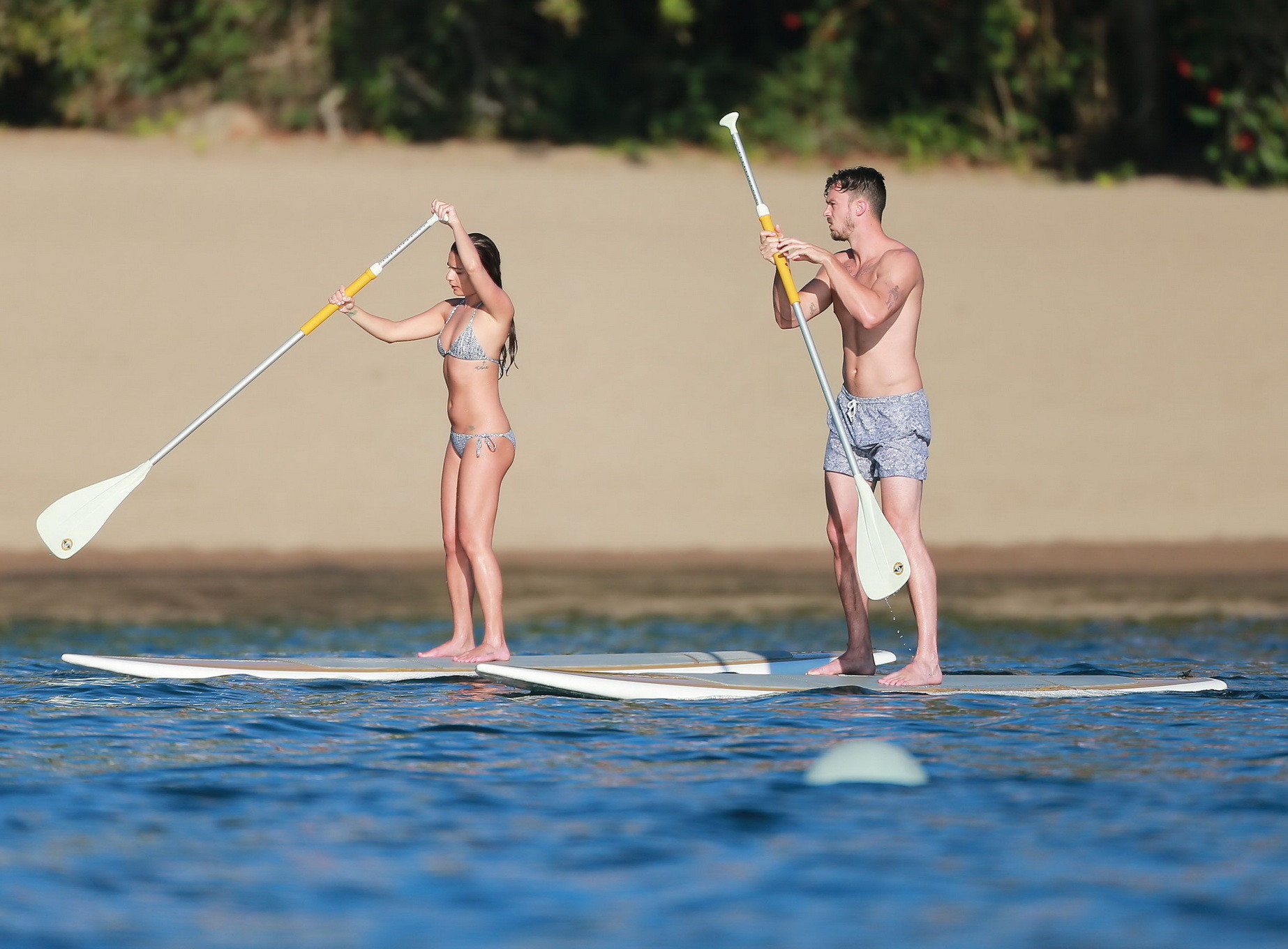 Lea michele dans un minuscule bikini monochrome faisant du paddeboard sur la plage au mexique
 #75176519