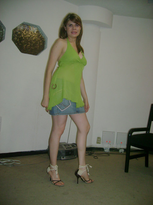 Amateur blonde girl posing in jean mini skirt and green blouse #68182909