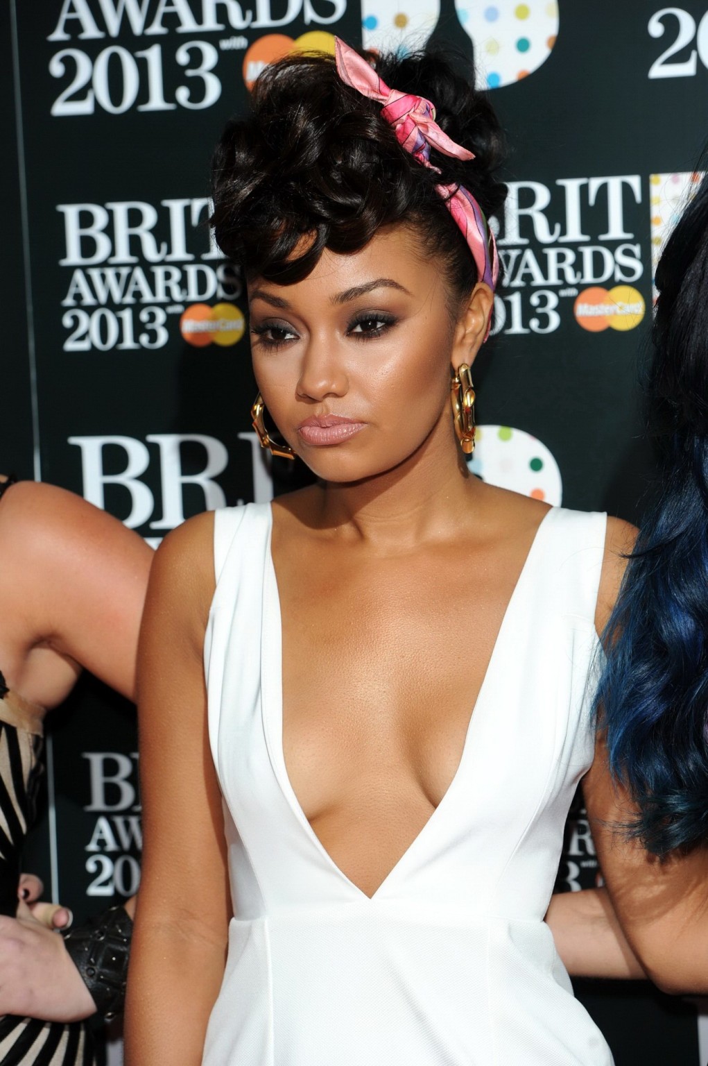 Leigh-Anne Pinnock braless wearing a wide open white dress at the 2013 BRIT Awar #75239839