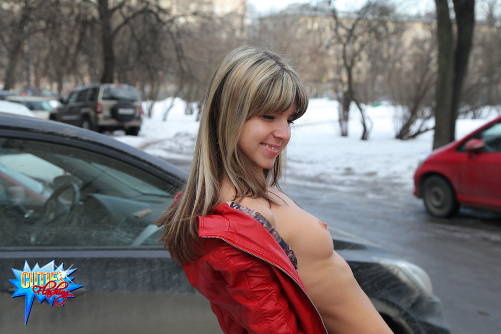 Winter flasher shows her perky tits in the street #72367576