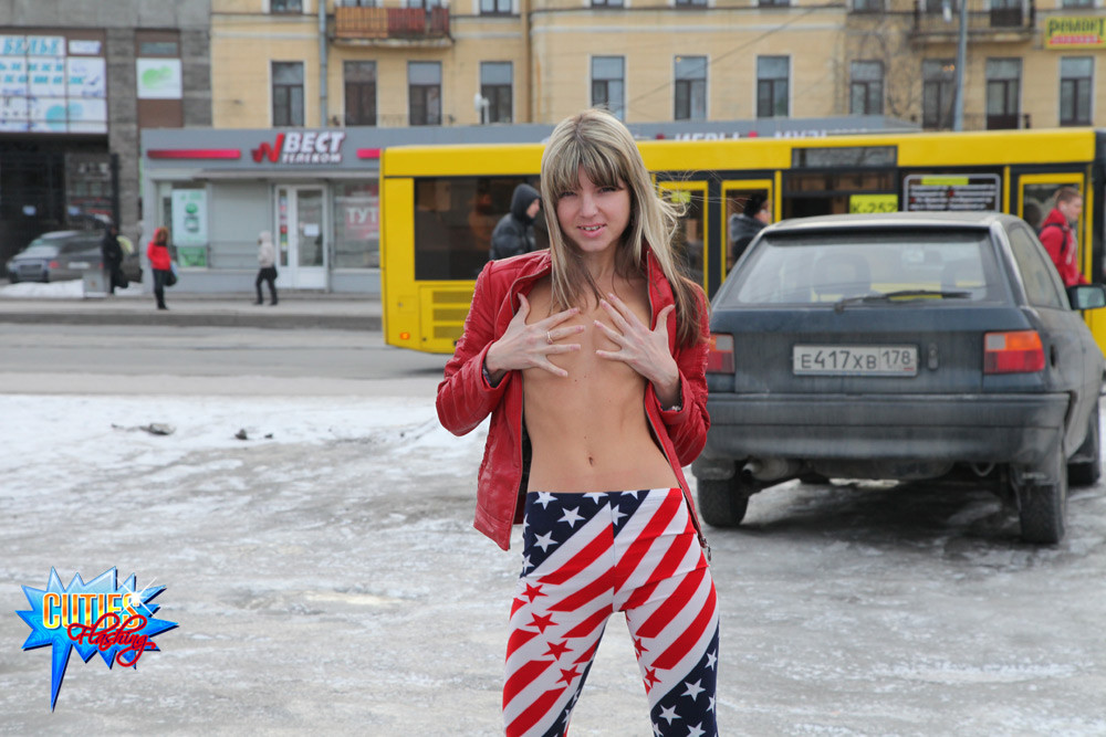 Winter flasher shows her perky tits in the street #72367606