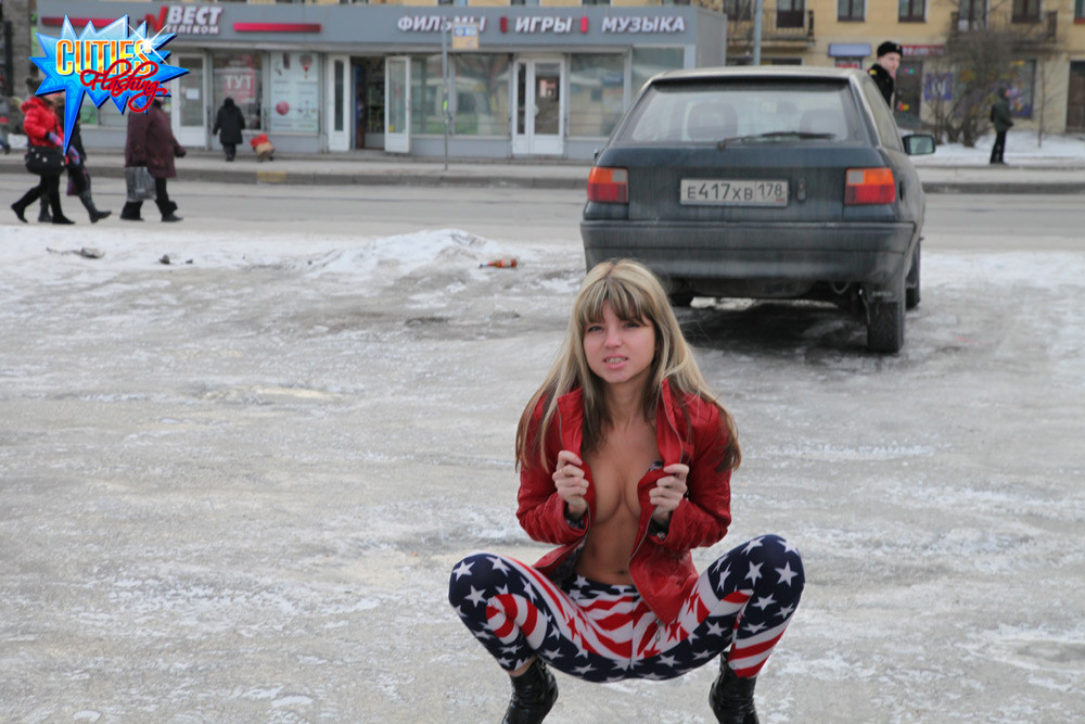 Winter flasher shows her perky tits in the street #72367694