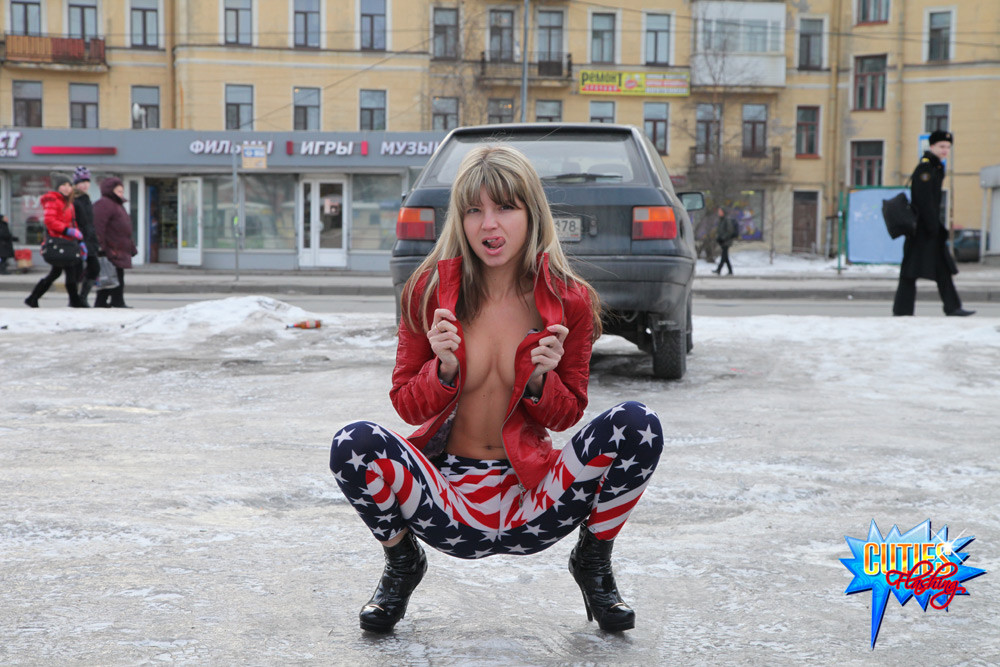 Winter flasher shows her perky tits in the street #72367703
