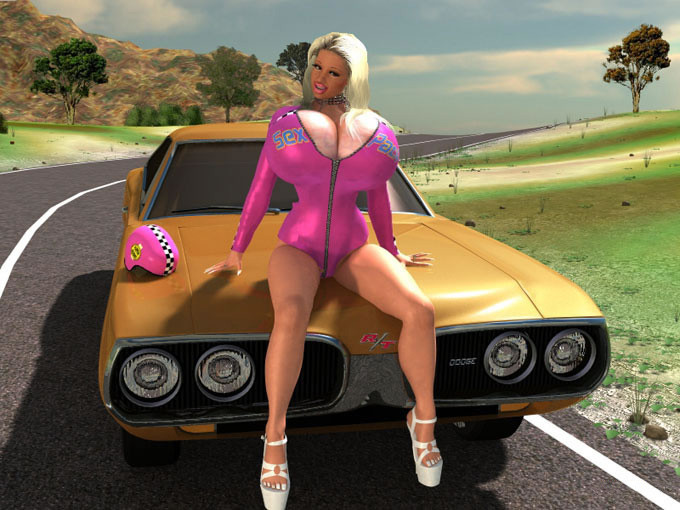 Une blonde à gros seins en 3D s'exhibe sur le capot d'une voiture.
 #67050748