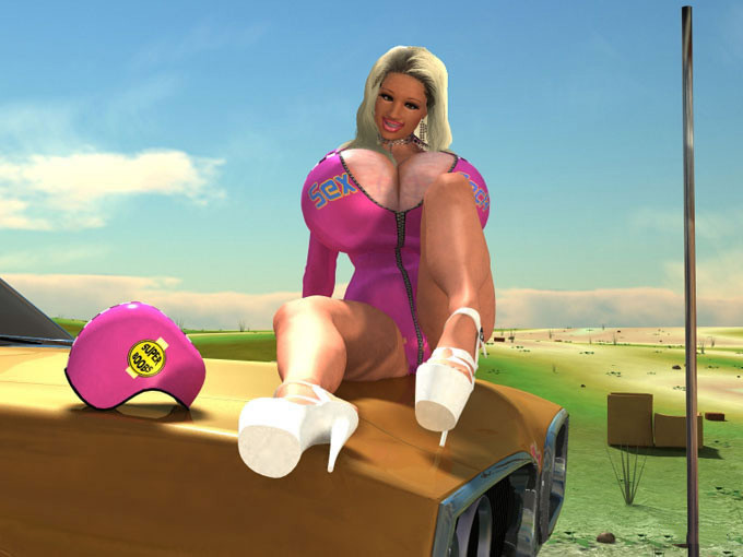 Une blonde à gros seins en 3D s'exhibe sur le capot d'une voiture.
 #67050768