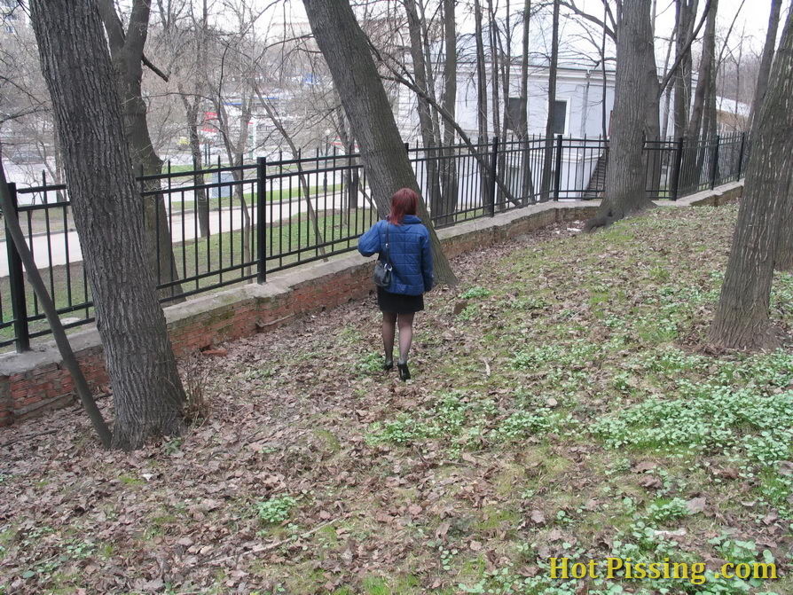 Girl in stockings caught on spy cam while peeing in the autumn street #76567244