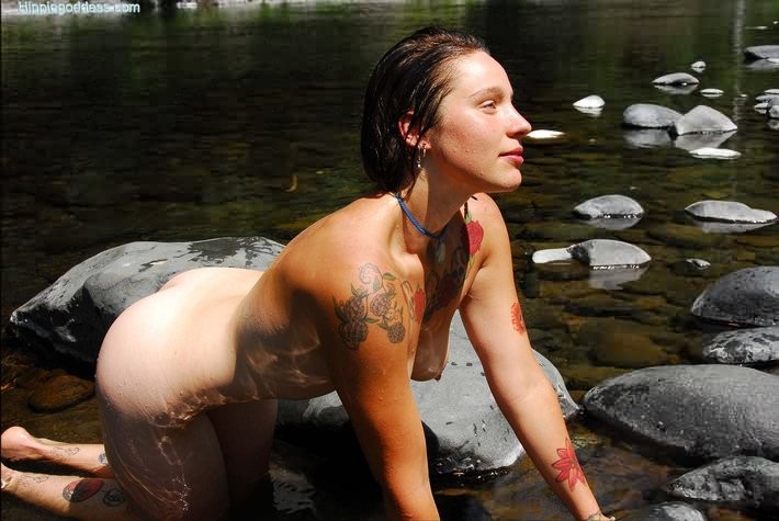 Tattooed Hairy Hippie Nude Outdoors in Cool Stream #77318304
