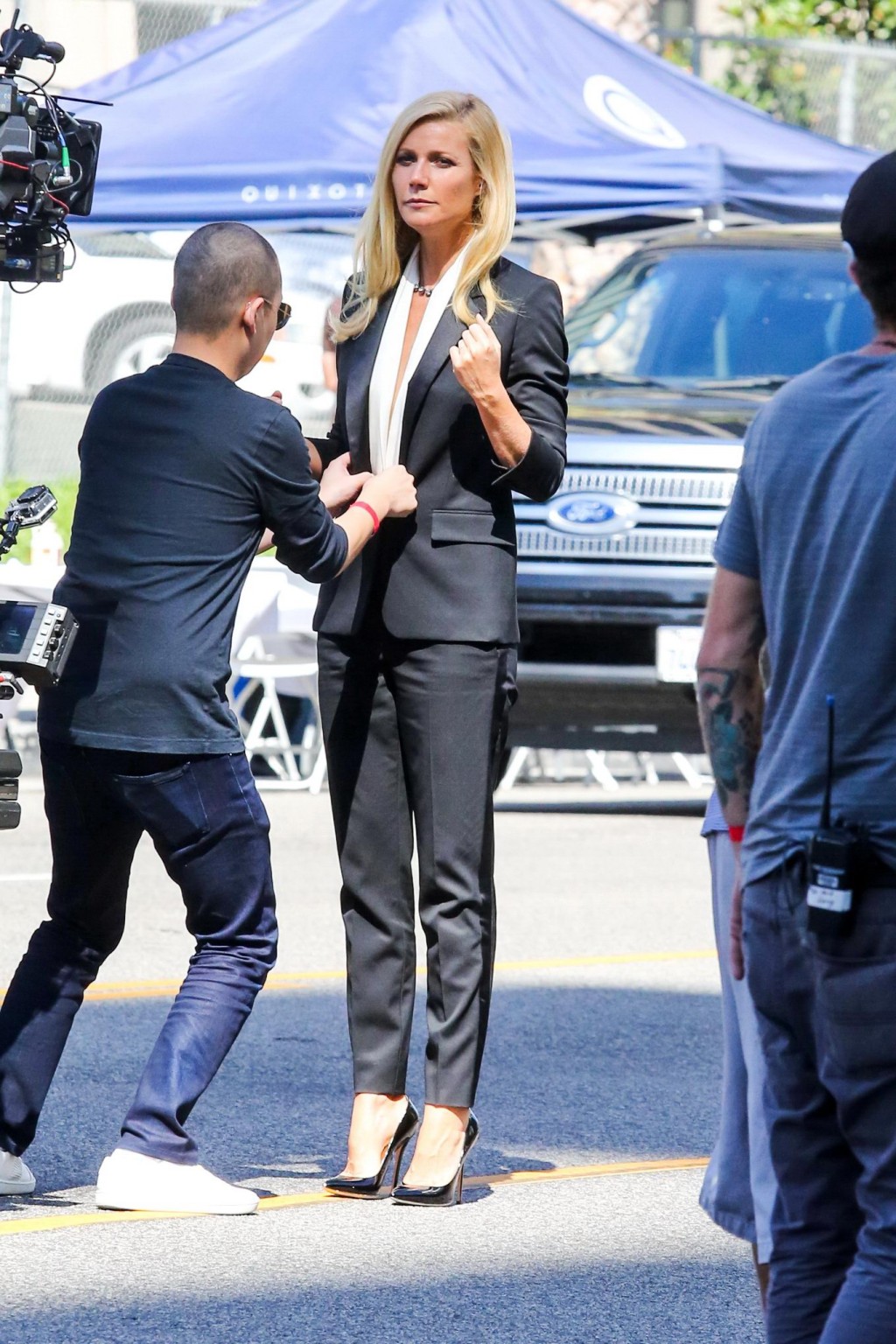 Gwyneth Paltrow braless showing huge cleavage on the set of a Hugo Boss campaign #75217675