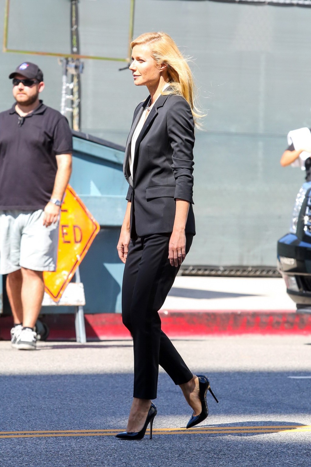 Gwyneth Paltrow braless showing huge cleavage on the set of a Hugo Boss campaign #75217689