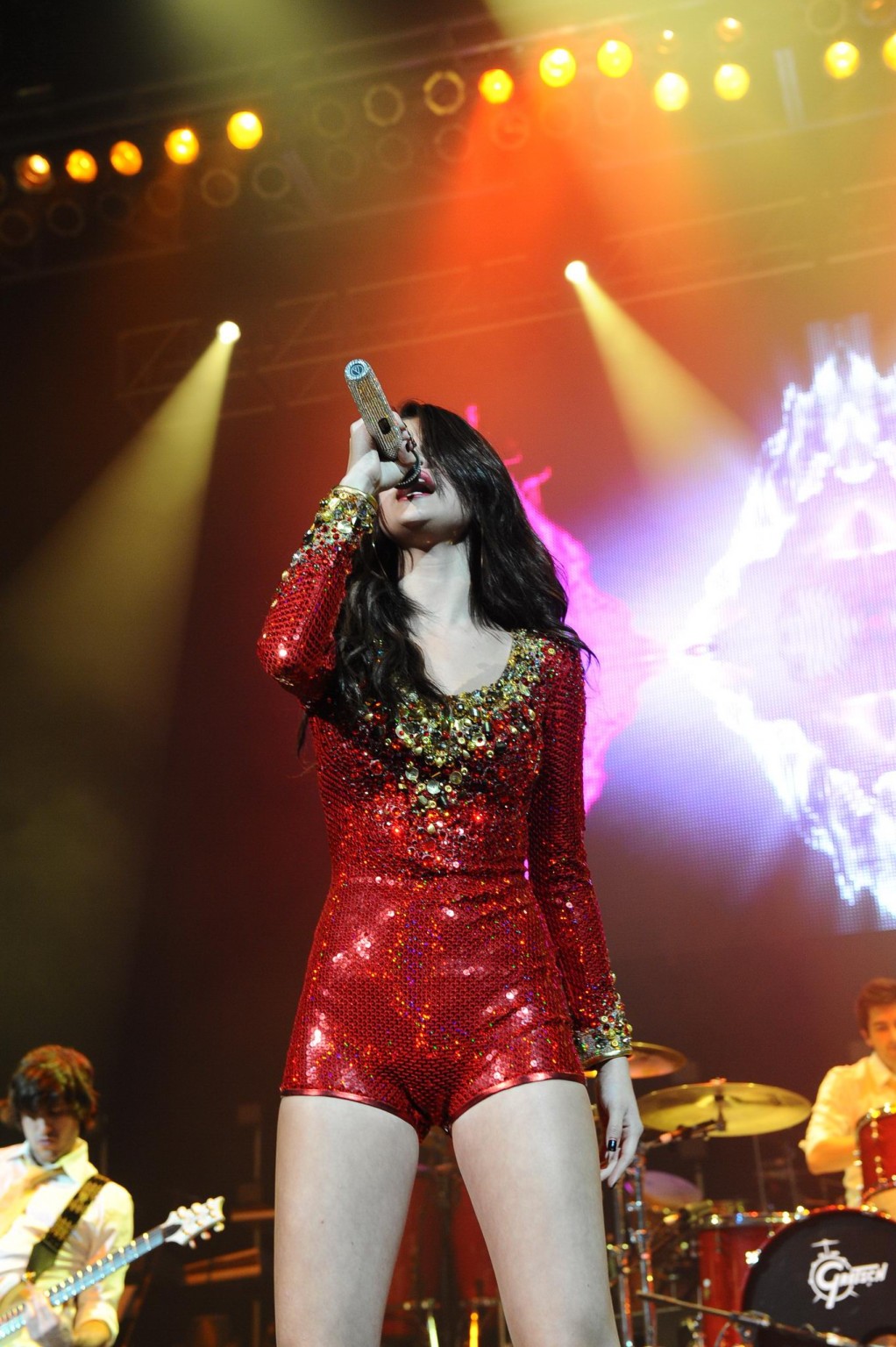 Selena Gomez in skimpy red outfit performing at the 99.7 Triple Ho Show in San J #75278786