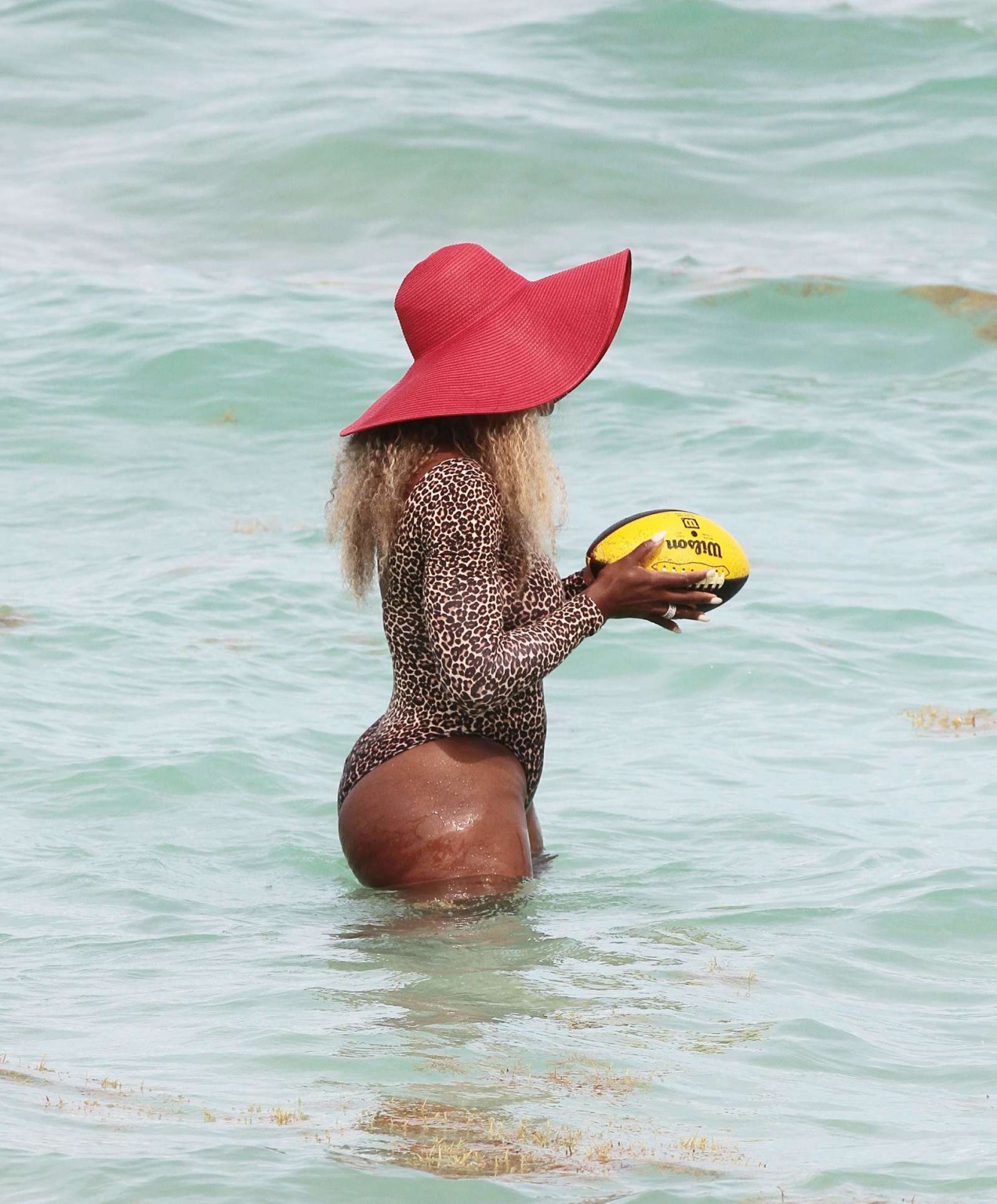 Serena Williams shows off her curvy body wearing a leopard print swimsuit on a b #75194838