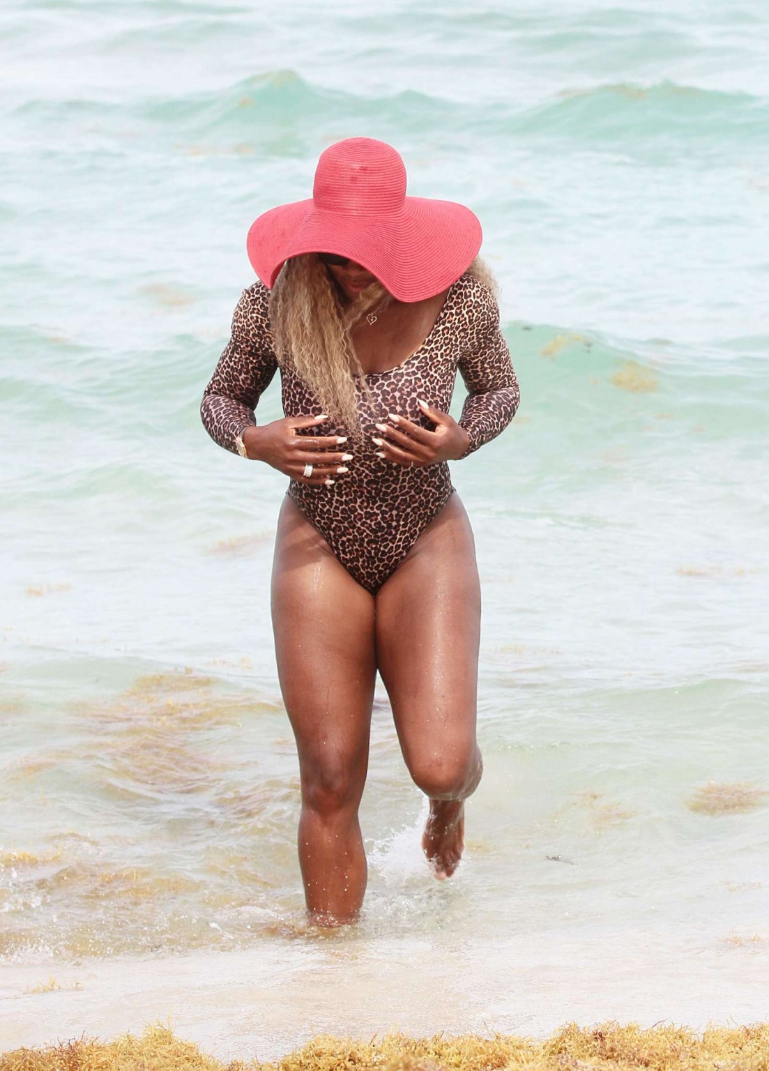 Serena williams mostra il suo corpo formoso indossando un costume da bagno leopardato su un b
 #75194850