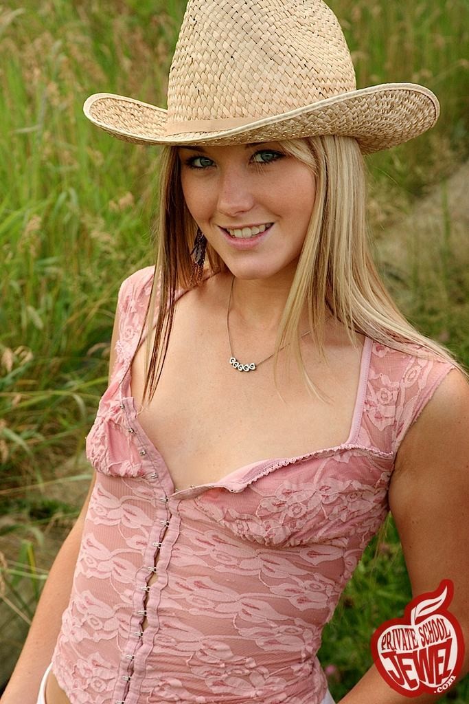 Beautiful teen Private School Jewel strips outdoor in cowboy hat #78608635