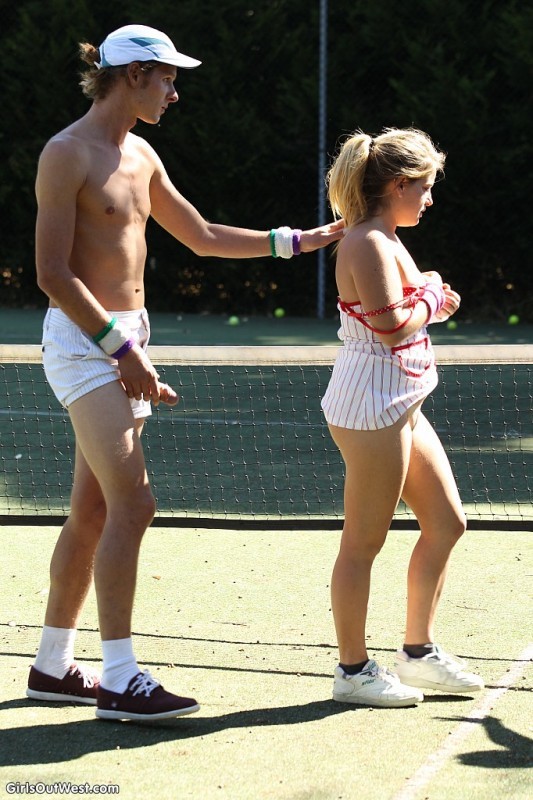 Hot tennis players get all wet on filthy tennis court #77352111