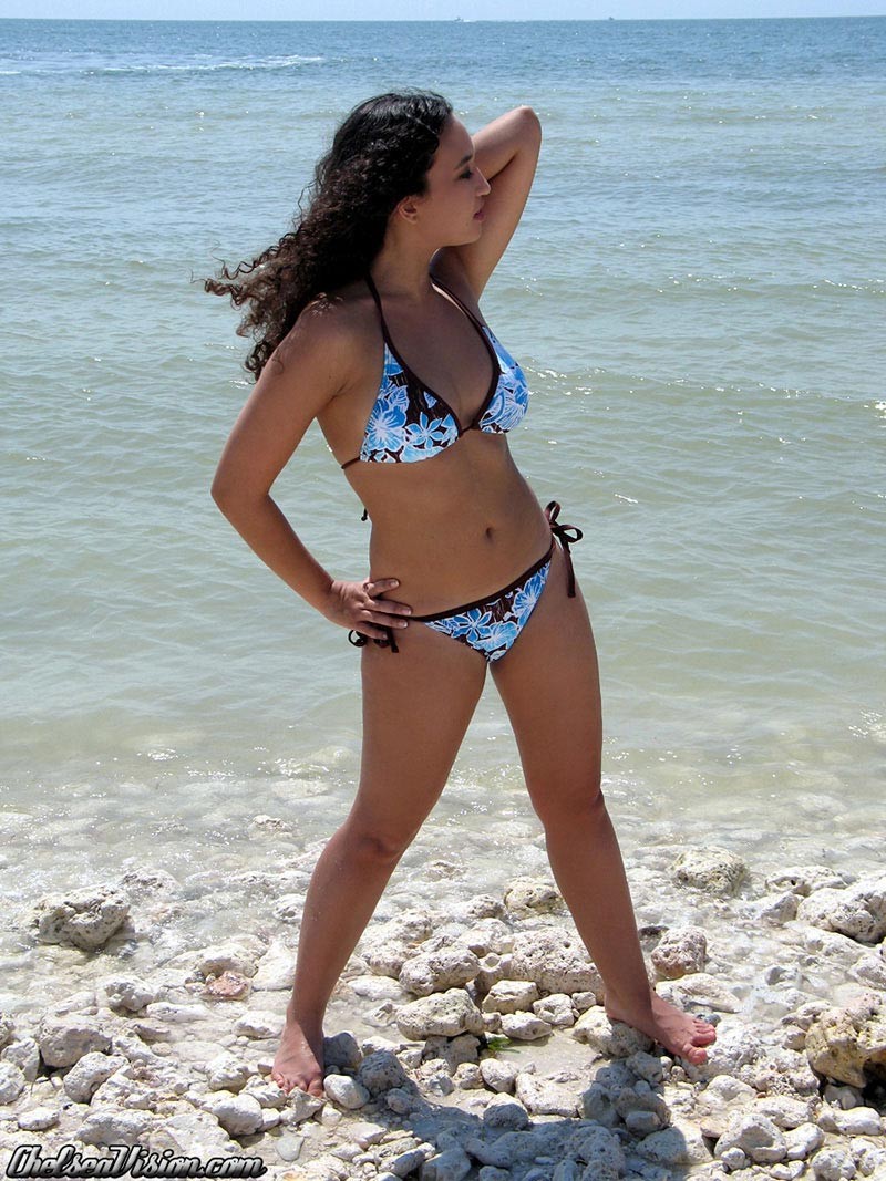 Busty frizzy hair teen bikini girl at the beach