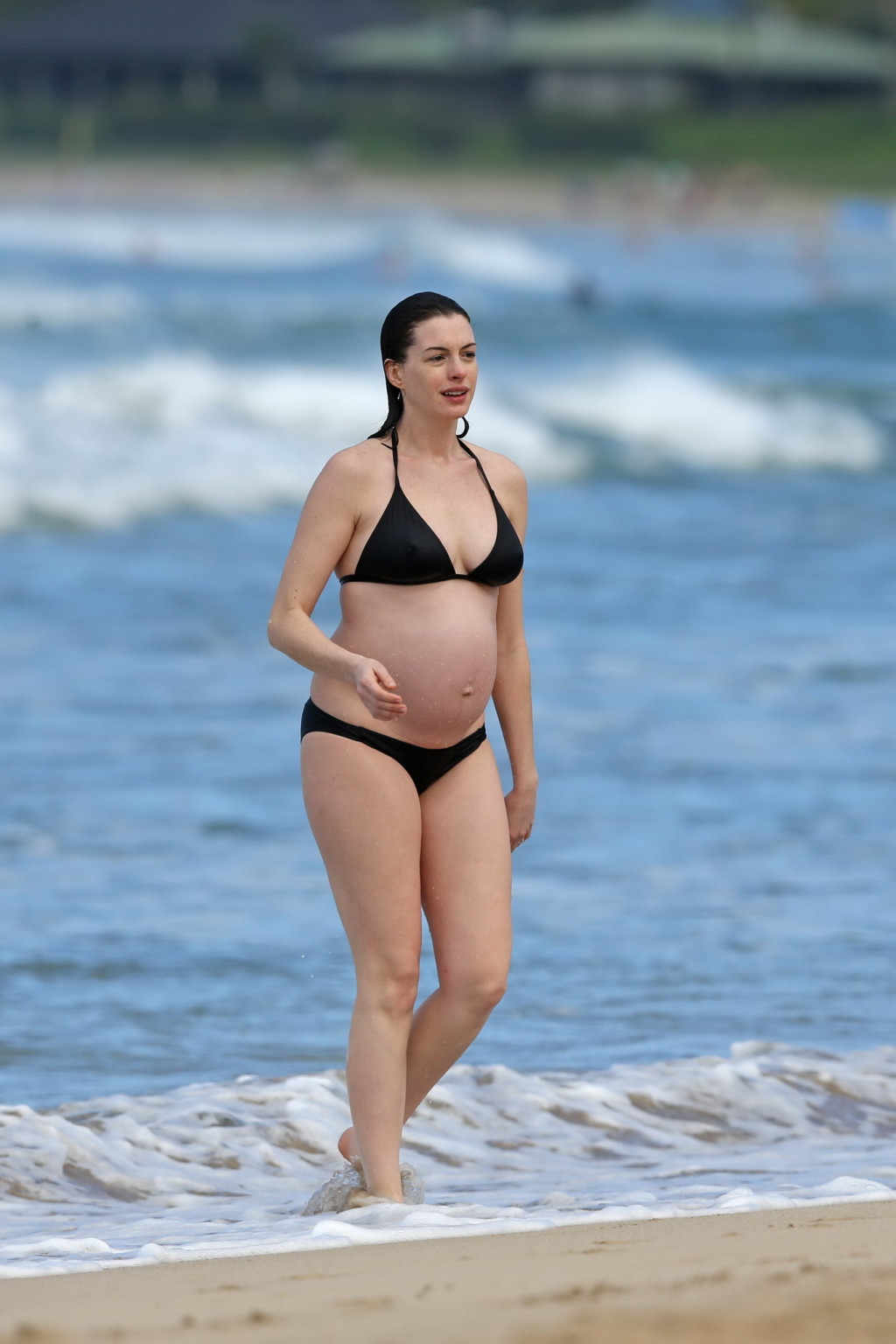 Anne Hathaway pregnant showing pokies in black bikini #75147821