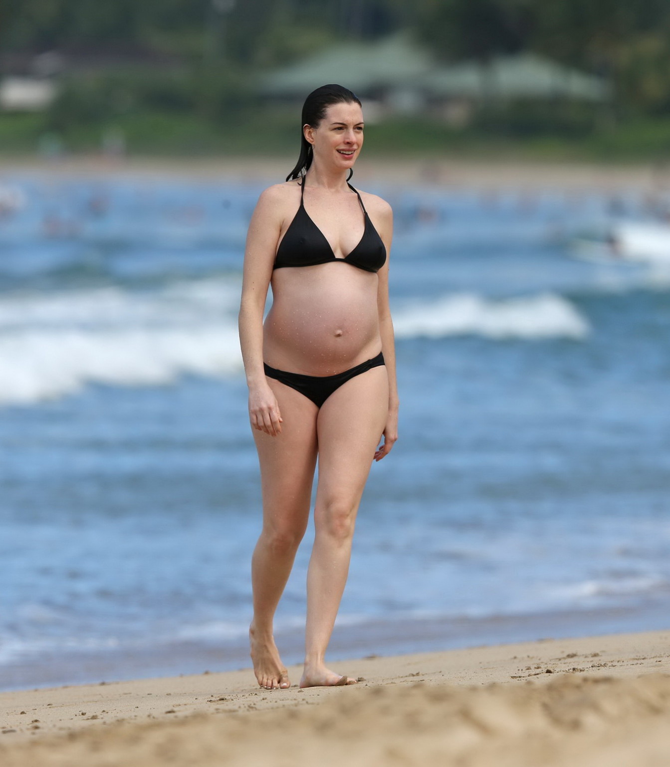 Anne Hathaway pregnant showing pokies in black bikini #75147845