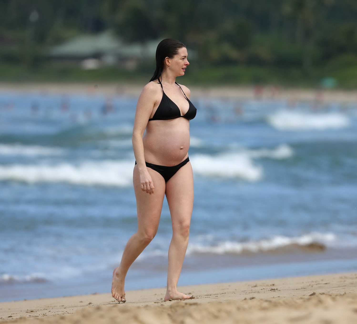 Anne Hathaway pregnant showing pokies in black bikini #75147850
