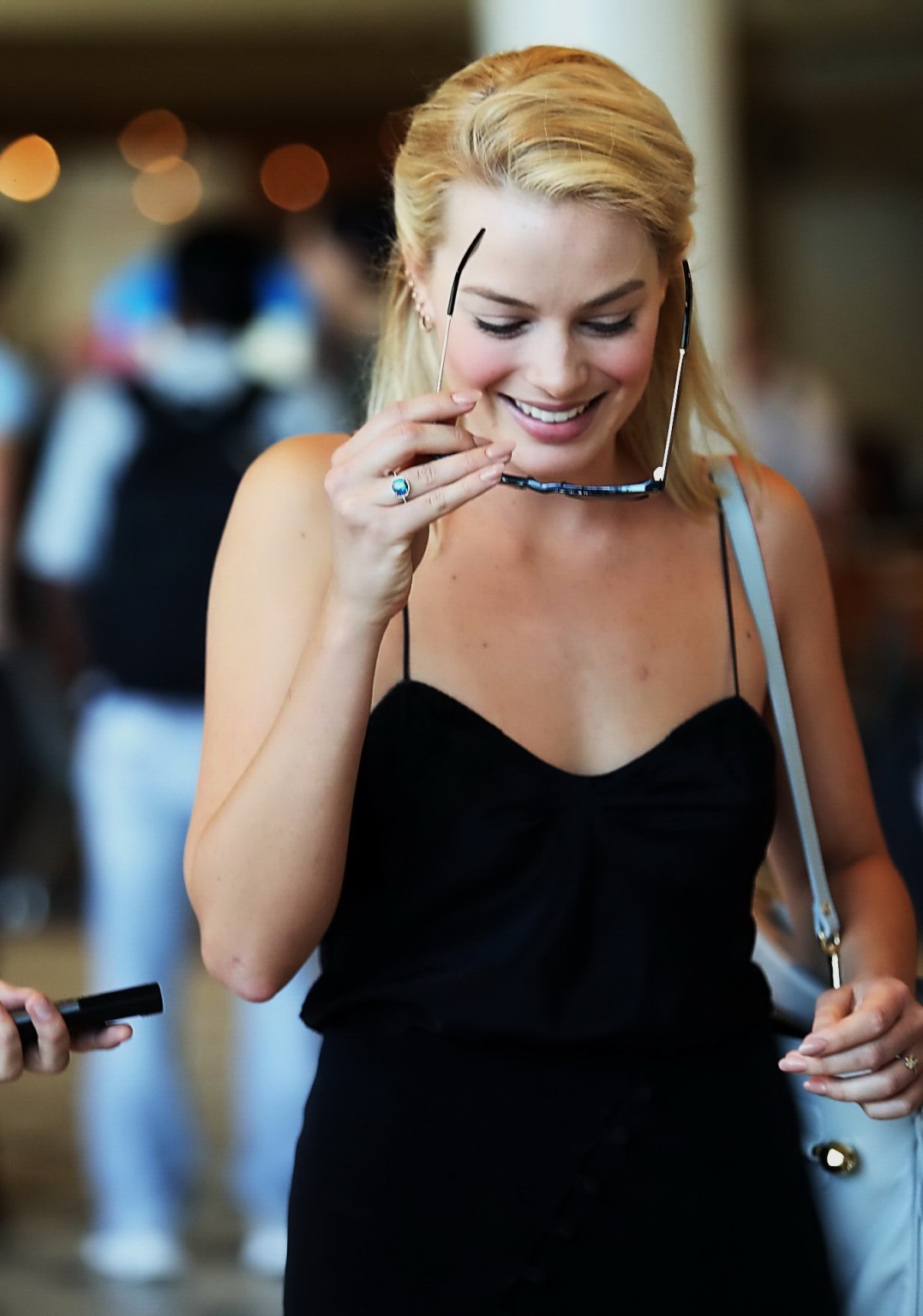 Margot Robbie cleavy and leggy wearing high slit black dress at the Brisbane Int #75206181