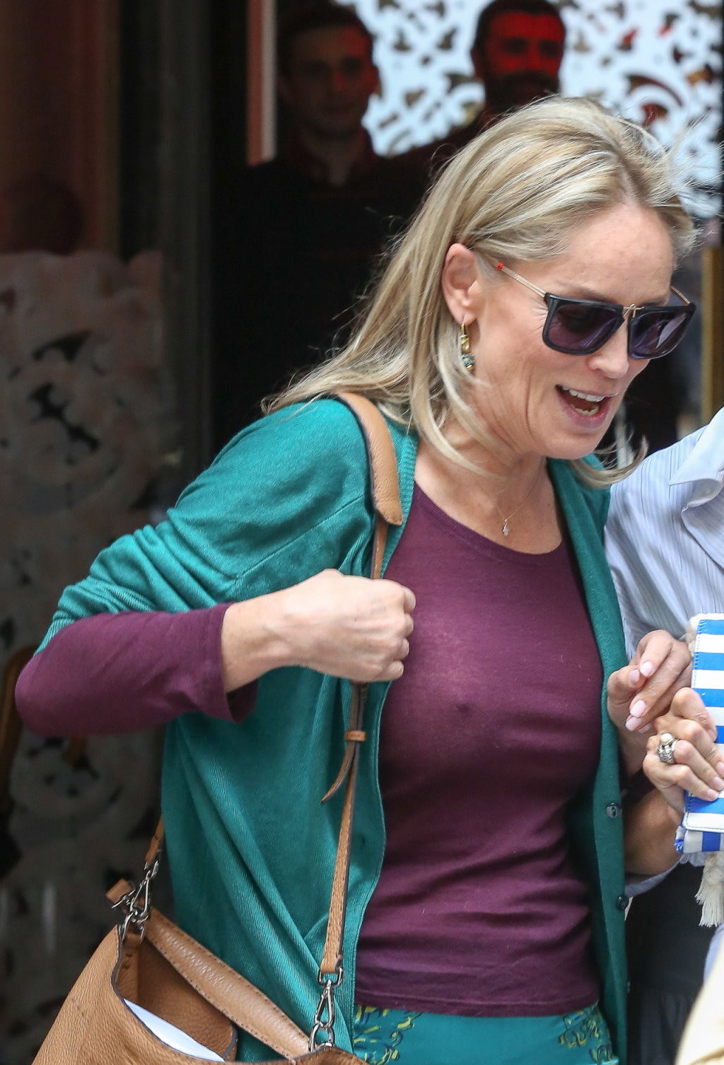 Sharon Stone showing off her huge boobs in a purple see-through top out in Paris #75225673