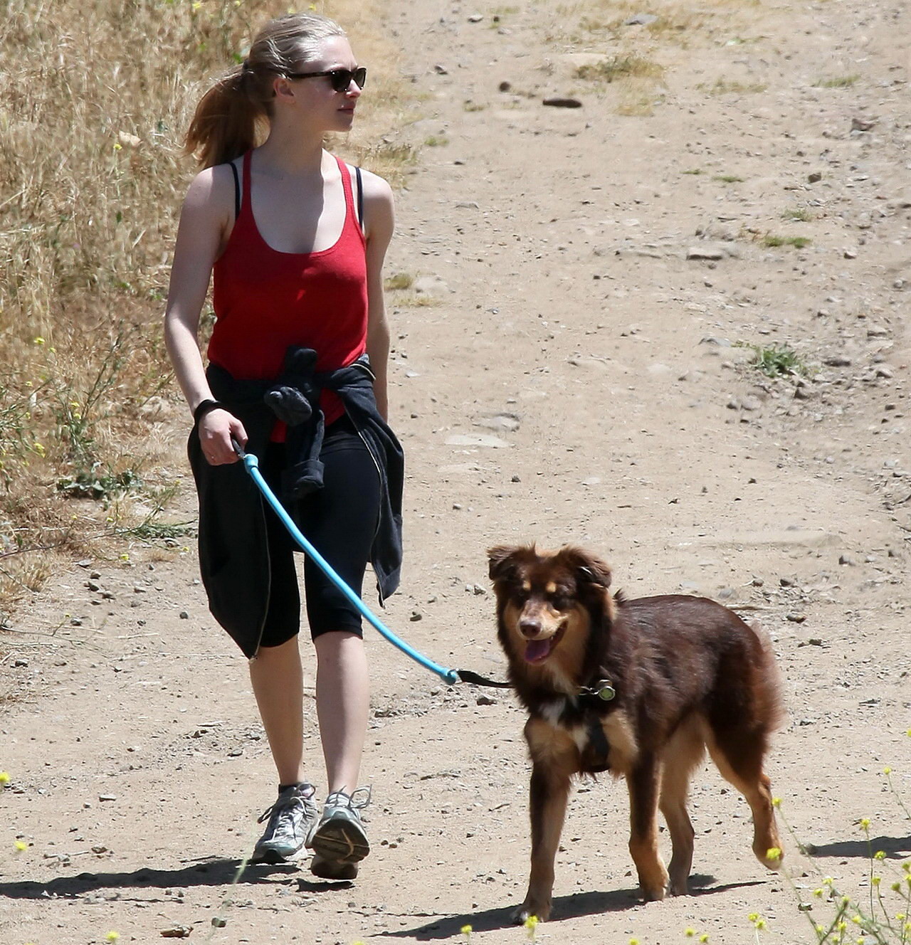 Amanda Seyfried in red tanktop  tights hiking in Griffith Park with her doggy an #75348131