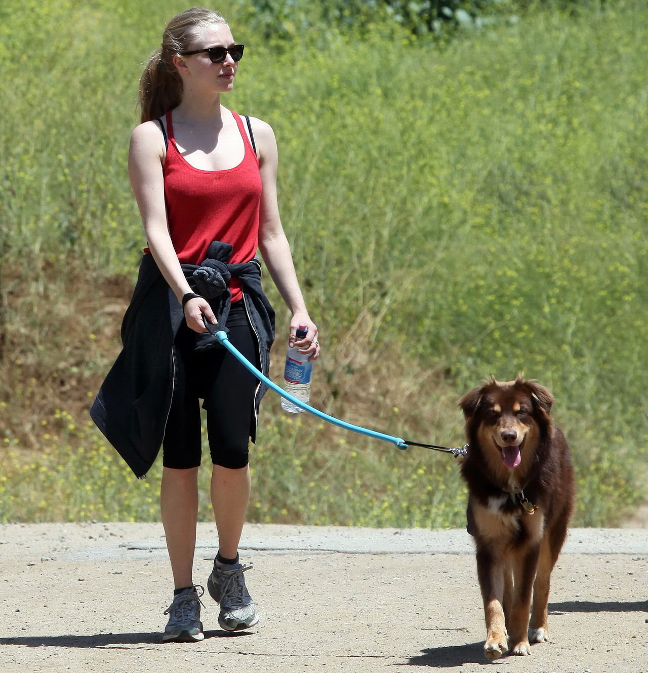 Amanda Seyfried in red tanktop  tights hiking in Griffith Park with her doggy an #75348159