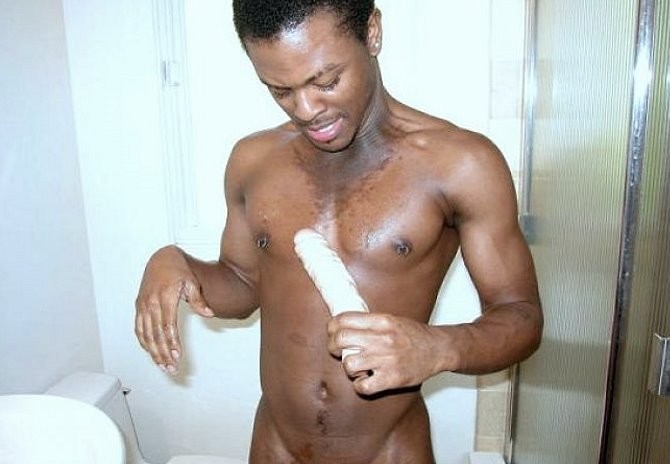 Ebony dude with huge cock self dildoing after taking a shower #76960290