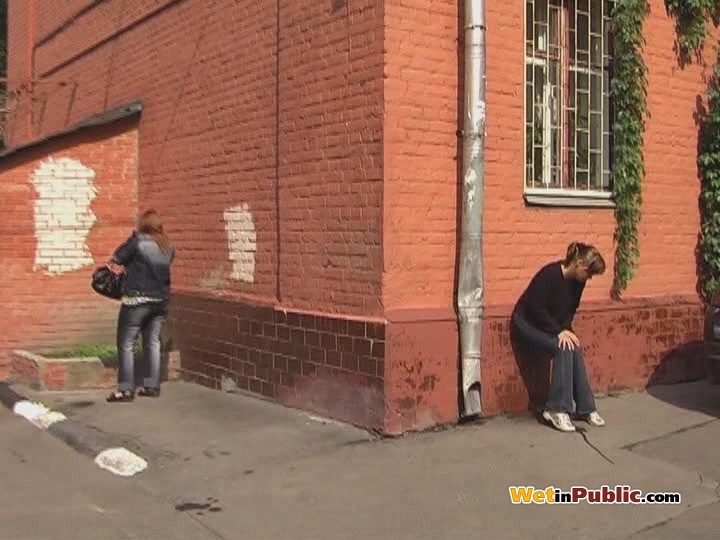 Ablush chick in pee-soppy pants compelled to pull them down in public #78595458
