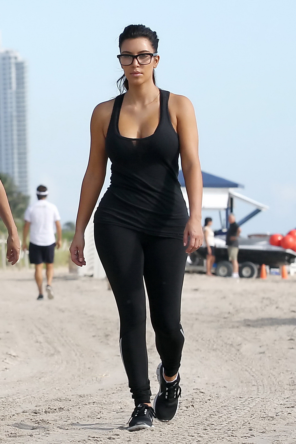 Kim Kardashian showing her huge boobs in tight see-through top and tights while  #75251359