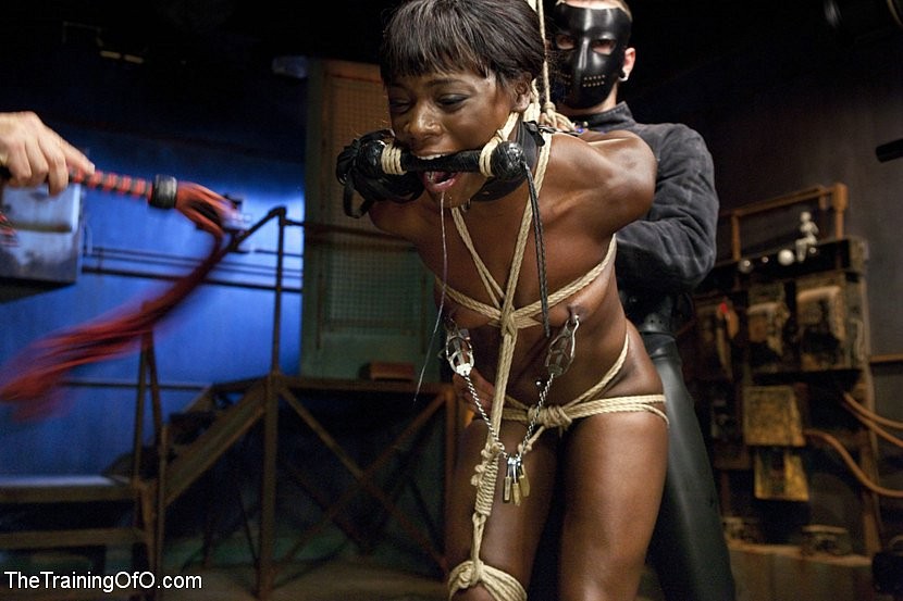 Ana Foxxx ebony is rope bound on heels her mouth and pussy fucked by sub Gage #70884695