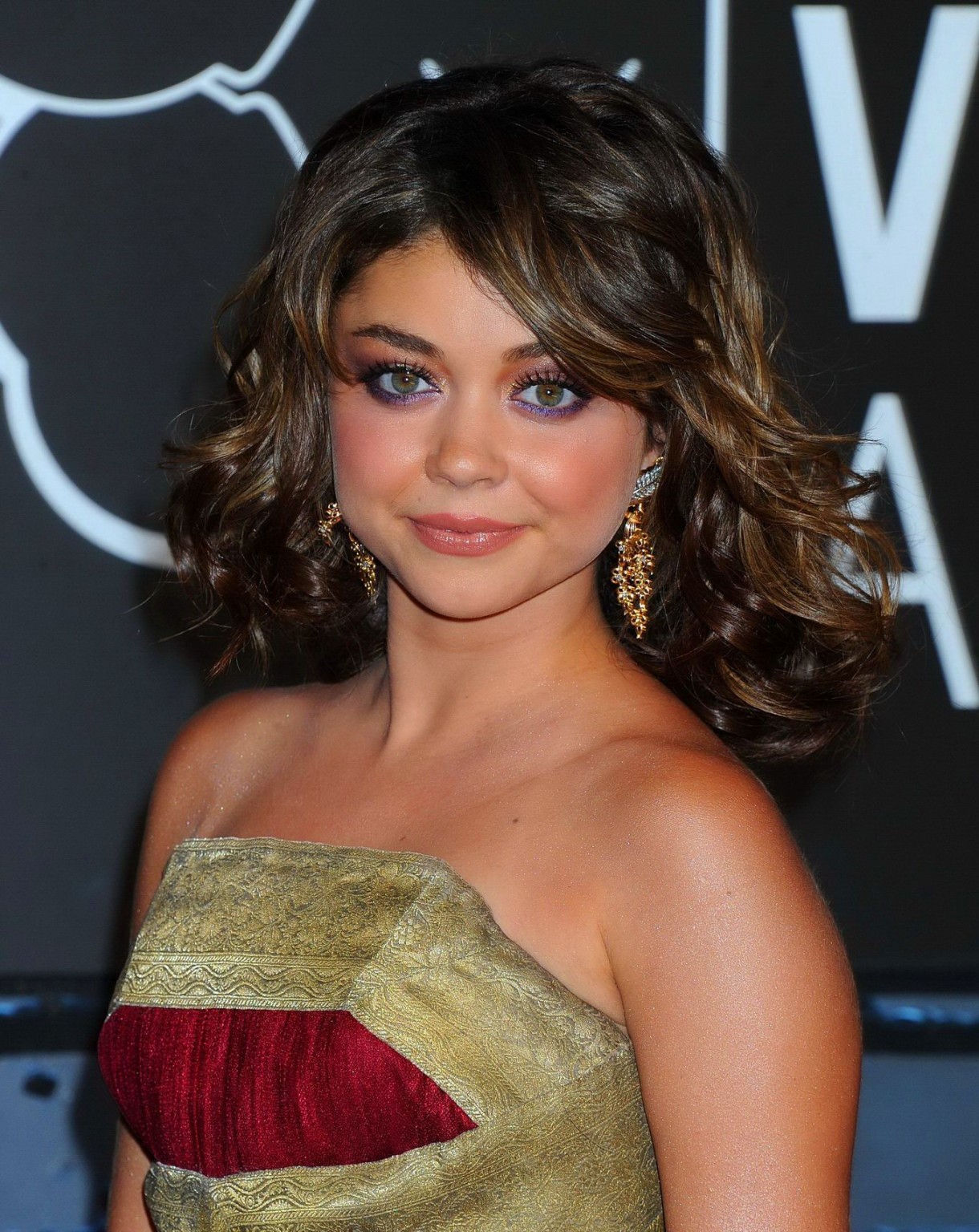 Sarah Hyland wearing red hot strapless dress at 2013 MTV Video Music Awards in N #75220468