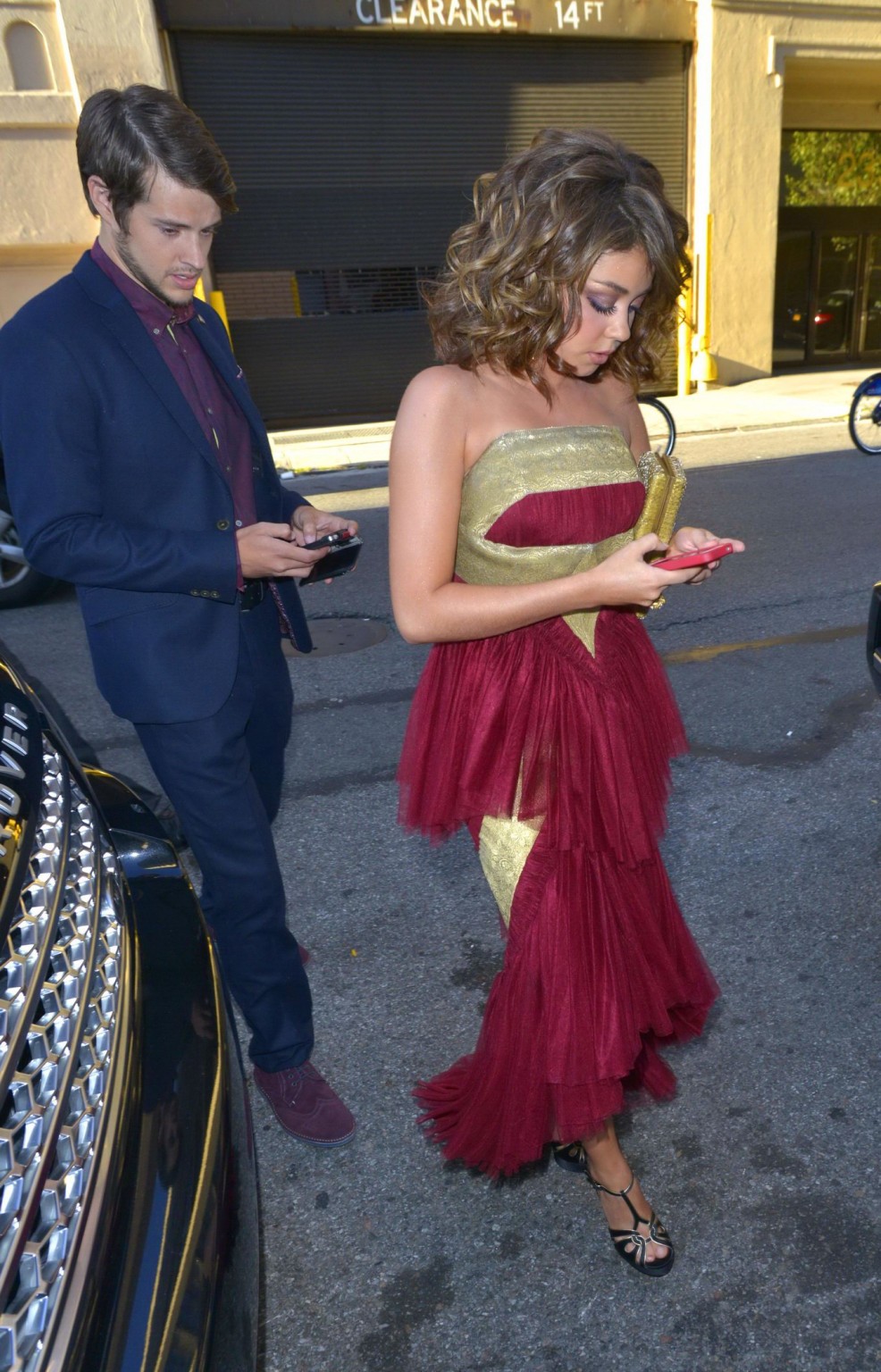 Sarah Hyland wearing red hot strapless dress at 2013 MTV Video Music Awards in N #75220556