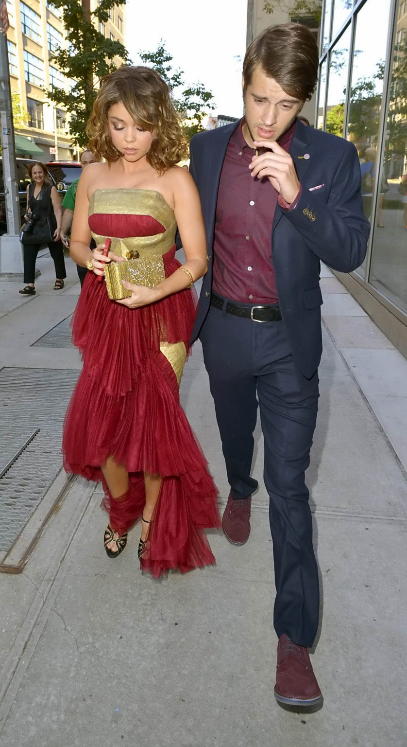 Sarah Hyland wearing red hot strapless dress at 2013 MTV Video Music Awards in N #75220569