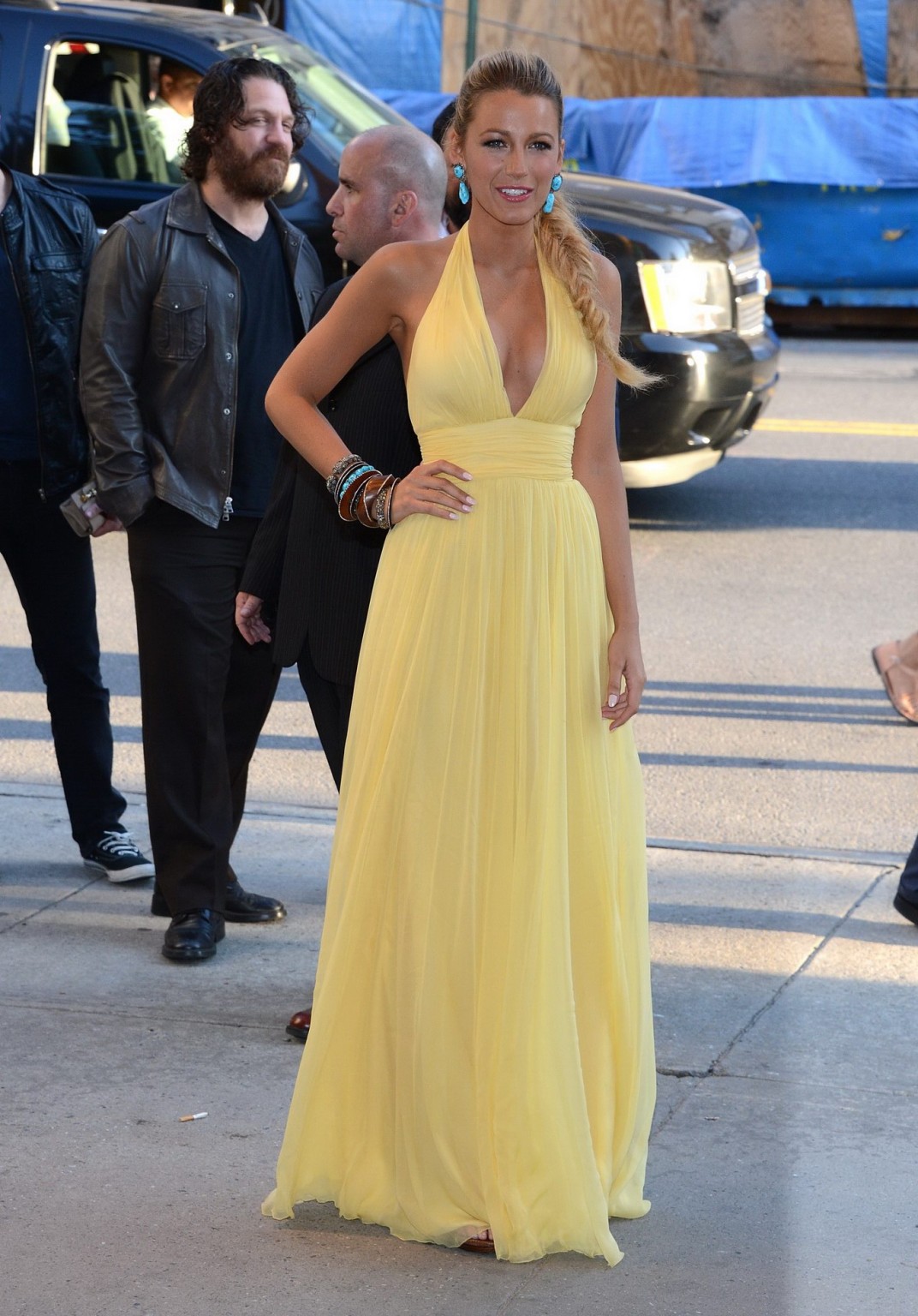 Blake Lively showing cleavage in yellow maxi dress at the 'Savages' premiere in  #75258870
