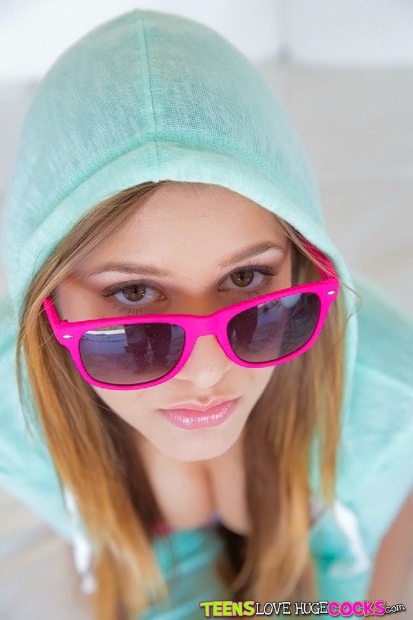 Cute little teen girl in a hoodie and sunglasses giving a bj surprised by cum on #74183504